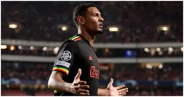 Sebastien Haller of Ajax celebrates after scoring their team's second goal during the UEFA Champions League Round Of Sixteen Leg One match between SL Benfica and AFC Ajax. Photo by Octavio Passos.