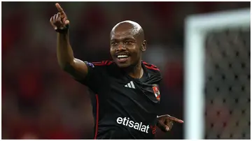 Percy Tau celebrates after scoring their team's second goal during the FIFA Club World Cup 3rd Place match between Urawa Reds and Al Ahly in Saudi Arabia on December 22, 2023. Photo: Yasser Bakhsh.