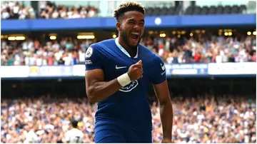 Reece James celebrates after scoring during the Premier League match between Chelsea FC and Tottenham Hotspur at Stamford Bridge. Photo by Darren Walsh.