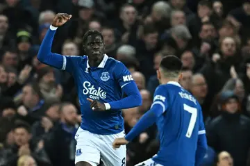 Everton midfielder Amadou Onana celebrates after scoring against Crystal Palace