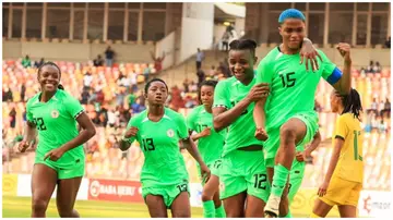 Super Falcons defeated Banyana Banyana in the first leg of the final qualifying playoff for the 2024 Paris Olympic Games. Photo: @PoojaMedia.