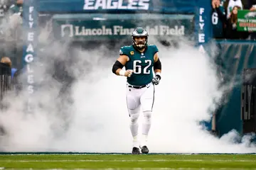 Jason Kelce enters the field during the 2023 NFC Championship