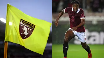A corner flag bearing the logo of Torino FC and player Duvan Zapata running after the ball