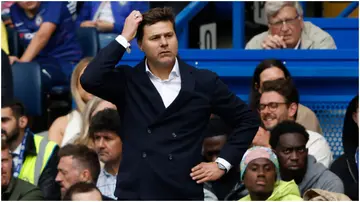 Mauricio Pochettino gestures on the touchline during the Premier League football match between Chelsea and Aston Villa at Stamford Bridge. Photo by Ian Kington.