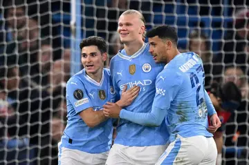 Erling Haaland (centre) was on target in Manchester City's 3-1 win over FC Copenhagen