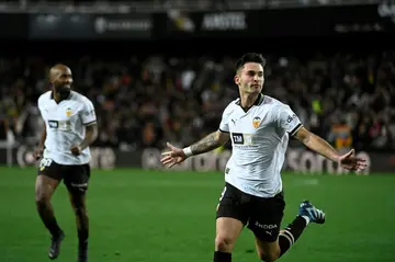 Valencia forward Hugo Duro celebrates breaking the deadlock a against Athletic Bilbao with a header