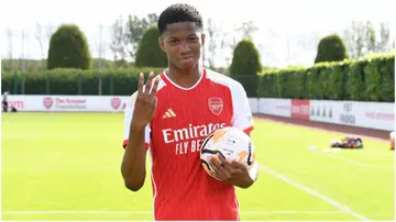 Chido Obi-Martin with the match ball after scoring a hat-trick for Arsenal after the U18 Premier League match between Arsenal U18 and Southampton U18 at London Colney. Photo by David Price.