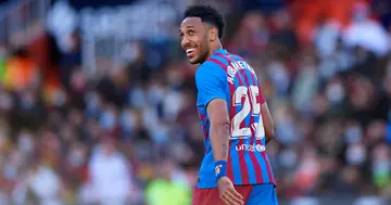 Aubameyang of FC Barcelona celebrates after scoring his team's third goal during the La Liga Santander match between Valencia CF and FC Barcelona at Estadio Mestalla on February 20, 2022 in Valencia, Spain. (Photo by Quality Sport Images/Getty Images)