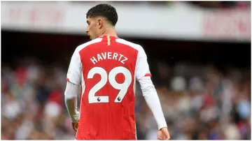 Kai Havertz looks on during the Premier League match between Arsenal FC and Fulham FC at Emirates Stadium. Photo by Stuart MacFarlane.