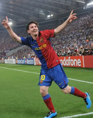 Messi celebrates scoring for Barcelona against Manchester United in the 2009 Champions League final