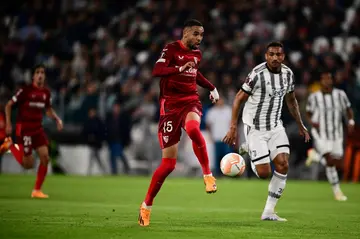 Sevilla's Moroccan forward Youssef En-Nesyri controls the ball during the Europa League semi-final draw with Juventus