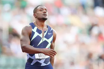 Justin Gatlin reacts after the Men's 100 Meter Finals during the U.S. Olympic Track and field Team Trials at Hayward Field