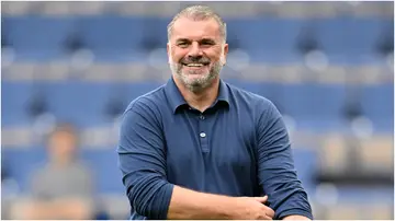 Ange Postecoglou, manager of Tottenham Hotspur, on the pitch after the Premier League match against Burnley at Turf Moor on September 2, 2023, in Burnley, England.