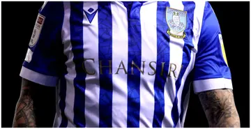 A detailed view of the Sheffield Wednesday shirt during the Sky Bet League One match between Sheffield Wednesday and Milton Keynes Dons at Hillsborough Stadium. Photo by George Wood.