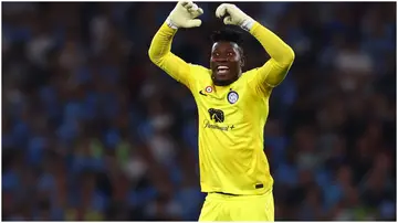 Andre Onana reacts during the UEFA Champions League 2022/23 final match between Inter and Manchester City. Photo by Chris Brunskill.