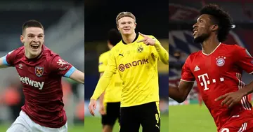 Declan Rice, Erling Haaland and Coman while in action for their respective clubs. Photos by Lars Baron, Marc Atkins and Alexander Hassenstein.