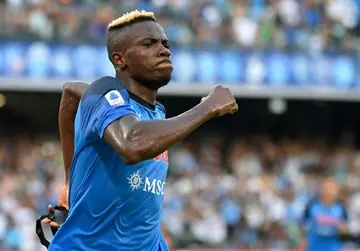 Victor Osimhen reacts after putting Napoli two goals ahead against Monza