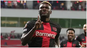 Victor Boniface celebrates his goal during the UEFA Europa match between Bayer Leverkusen and West Ham United FC at BayArena on Thursday, April 11. Photo: Jan Fromme.