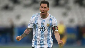 Lionel Messi celebrates after scoring during a Group A match between Argentina and Chile at Estadio Olímpico Nilton Santos. Photo by Wagner Meier.