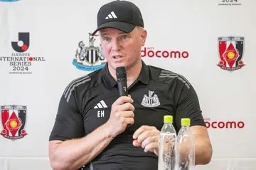 Newcastle United's Eddie Howe talks to reporters after training at the Komazawa Olympic Park Stadium in Tokyo