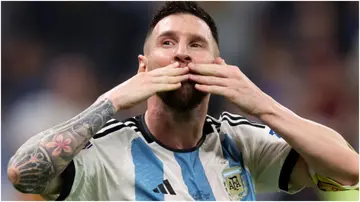 Lionel Messi celebrates during the FIFA World Cup Qatar 2022 semi-final match between Argentina and Croatia. Photo by Clive Brunskill.