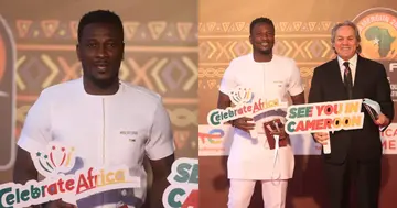 Asamoah Gyan glitters in white kaftan as he steals show at 2021 AFCON draw