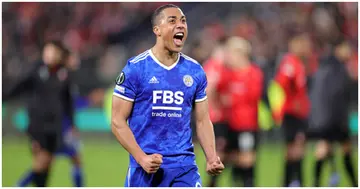 Youri Tielemans celebrates after the UEFA Conference League Round of 16 Leg Two match between Stade Rennes and Leicester City at Roazhon Park. Photo by Plumb Images.