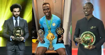 Mohammed Salah, Sadio Mane and Mendy with their individual awards. Credit: @CAF_Online