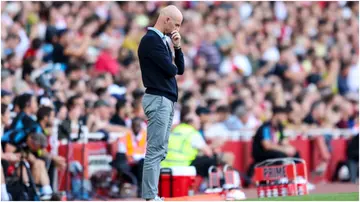 Erik ten Hag gestures during the Premier League match between Arsenal FC and Manchester United at Emirates Stadium. Photo by Robin Jones.