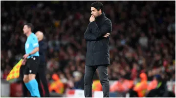 Mikel Arteta looks on during the UEFA Champions League match between Arsenal FC and PSV Eindhoven at Emirates Stadium. Photo by Stuart MacFarlane.