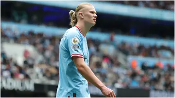 Erling Haaland looks on during the Premier League match between Manchester City and Leeds United at Etihad Stadium. Photo by James Gill.