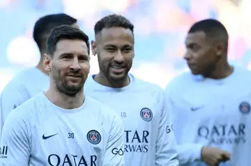 Paris Saint-Germain's attacking trio Lionel Messi (L), Neymar (C) and Kylian Mbappe (R) played their final match before the World Cup