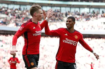 Scott McTominay (left) celebrates his goal for Manchester United against Coventry in the FA Cup semi-final at Wembley
