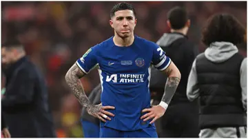 Enzo Fernandez looks dejected at full-time following the Carabao Cup Final match between Chelsea and Liverpool at Wembley Stadium. Photo by Darren Walsh.