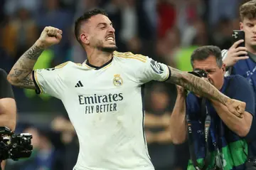 Late show: Joselu celebrates after his two late goals gave Real Madrid victory over Bayern Munich