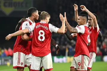 Martin Odegaard (centre) scored twice as Arsenal beat Wolves 2-0 to go five points clear at the top of the Premier League