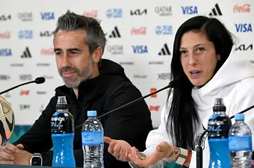 Spain coach Jorge Vilda and Jennifer Hermoso speak to reporters at Eden Park in Auckland