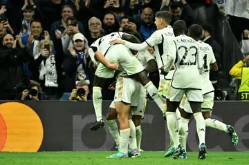 Real Madrid's players celebrate Nico Paz's strike from long-range to put them ahead in the pulsating clash with Napoli