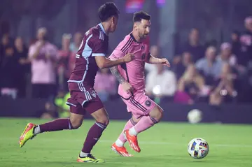 Lionel Messi of Inter Miami dribbles up field during the second half against the Colorado Rapids in MLS on Saturday.