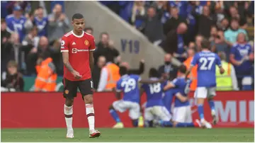 Mason Greenwood cuts a dejected face during the Premier League match between Leicester City and Manchester United at The King Power Stadium. Photo by Alex Pantling.