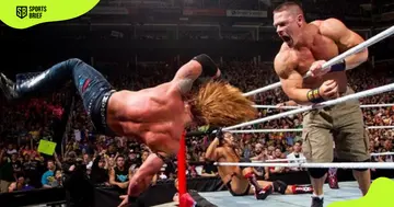 John Cena is pictured eliminating an opponent.