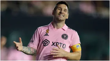 Lionel Messi reacts during the first-half of the Inter Miami match against Toronto FC at DRV PNK Stadium. Photo by Carmen Mandato.