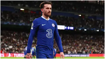 Ben Chilwell walks off after being shown a red card during the UEFA Champions League Quarterfinal first leg match between Real Madrid and Chelsea FC at Estadio Santiago Bernabeu on April 12, 2023 in Madrid, Spain. Photo by Chris Brunskill.