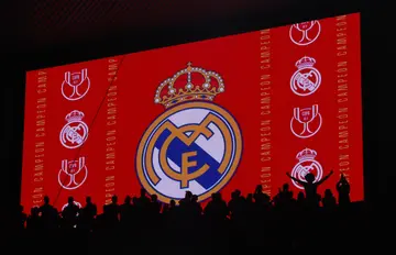 The video scoreboard projects the Real Madrid coat of arms after the Copa del Rey Final match against CA Osasuna at Estadio de La Cartuja on May 6, 2023