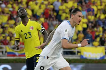 Uruguay forward Darwin Nunez celebrates after grabbing a late equaliser from the penalty spot in a 2-2 draw at Colombia on Thursday