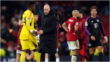 Erik ten Hag walks off the pitch after the UEFA Champions League Group A match at Old Trafford. Photo by Martin Rickett.