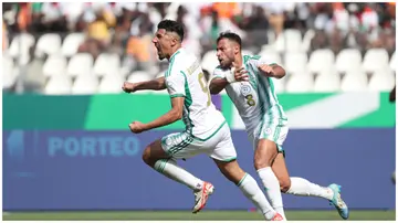 Baghdad Bounedjah  celebrates scoring Algeria's first goal to make the score 1-1 during the AFCON 2023 match against Burkina Faso on January 20, 2024 in Yamoussoukro, Ivory Coast. Photo: MB Media.