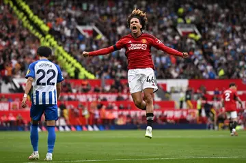 Hannibal Mejbri celebrates his first goal for Manchester United.