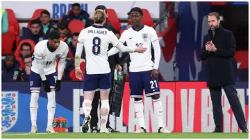 Kobbie Mainoo came on for Conor Gallagher for England against Brazil. Photo:  Alex Livesey.