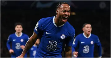 Raheem Sterling celebrates after scoring during the UEFA Champions League match between Chelsea FC and Borussia Dortmund at Stamford Bridge. Photo by Darren Walsh.